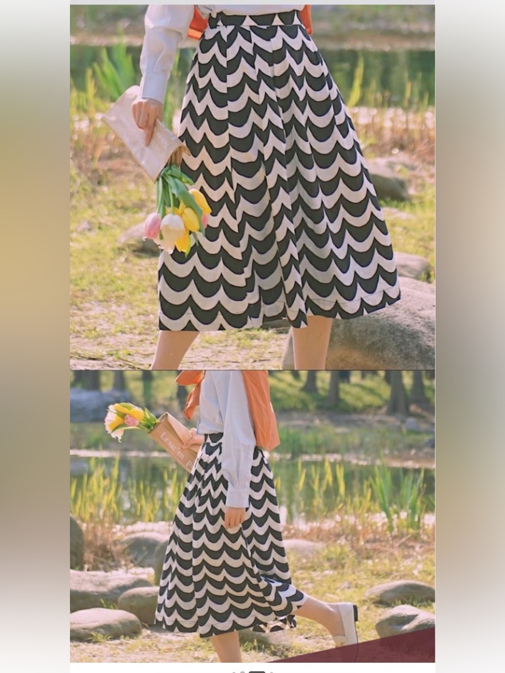 Marimekko X Uniqlo Black and White Wave Pattern Midi Skirt